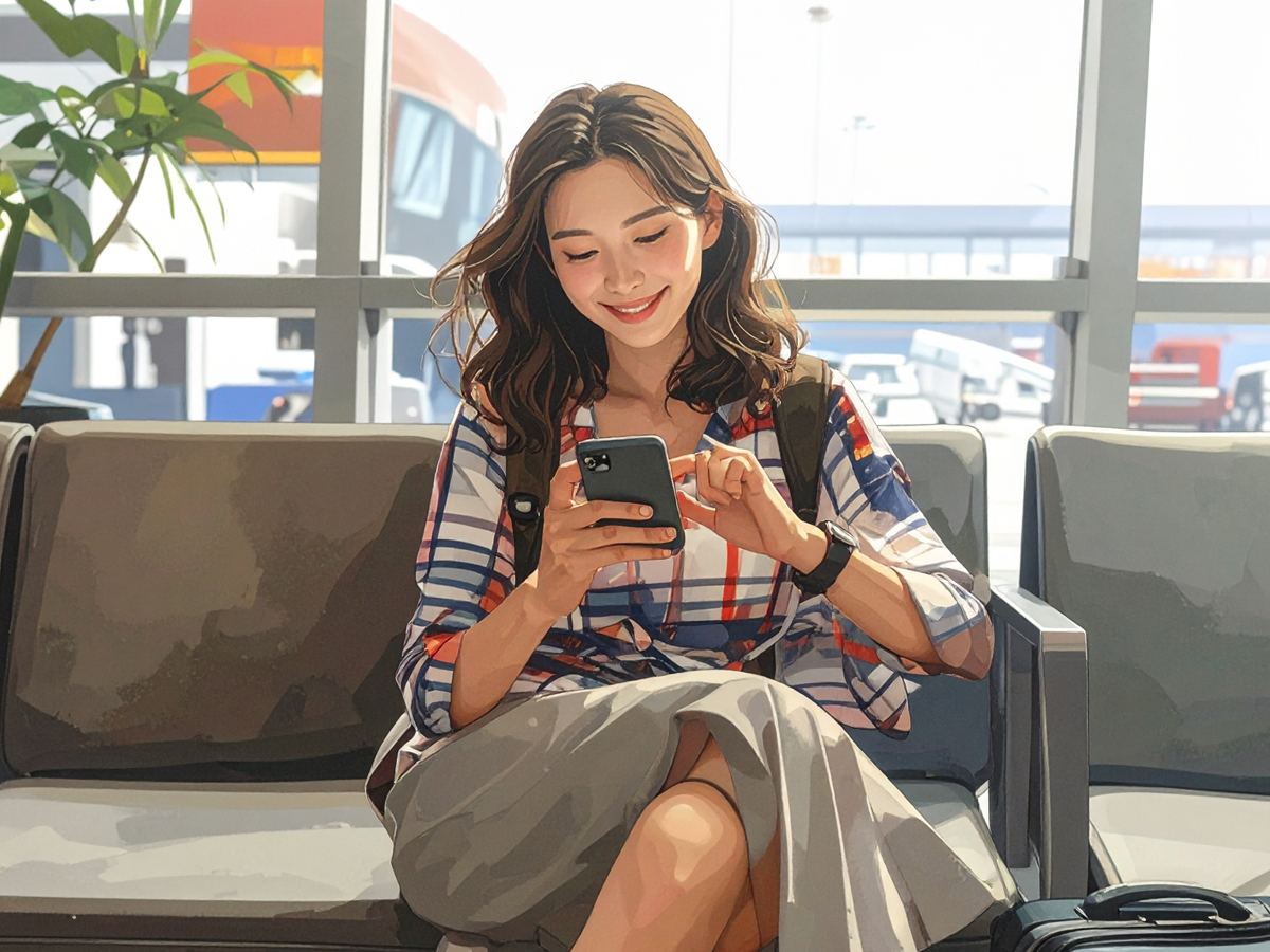 スマートフォンでeSIMを設定する女性旅行者の手元（空港ロビーにて）