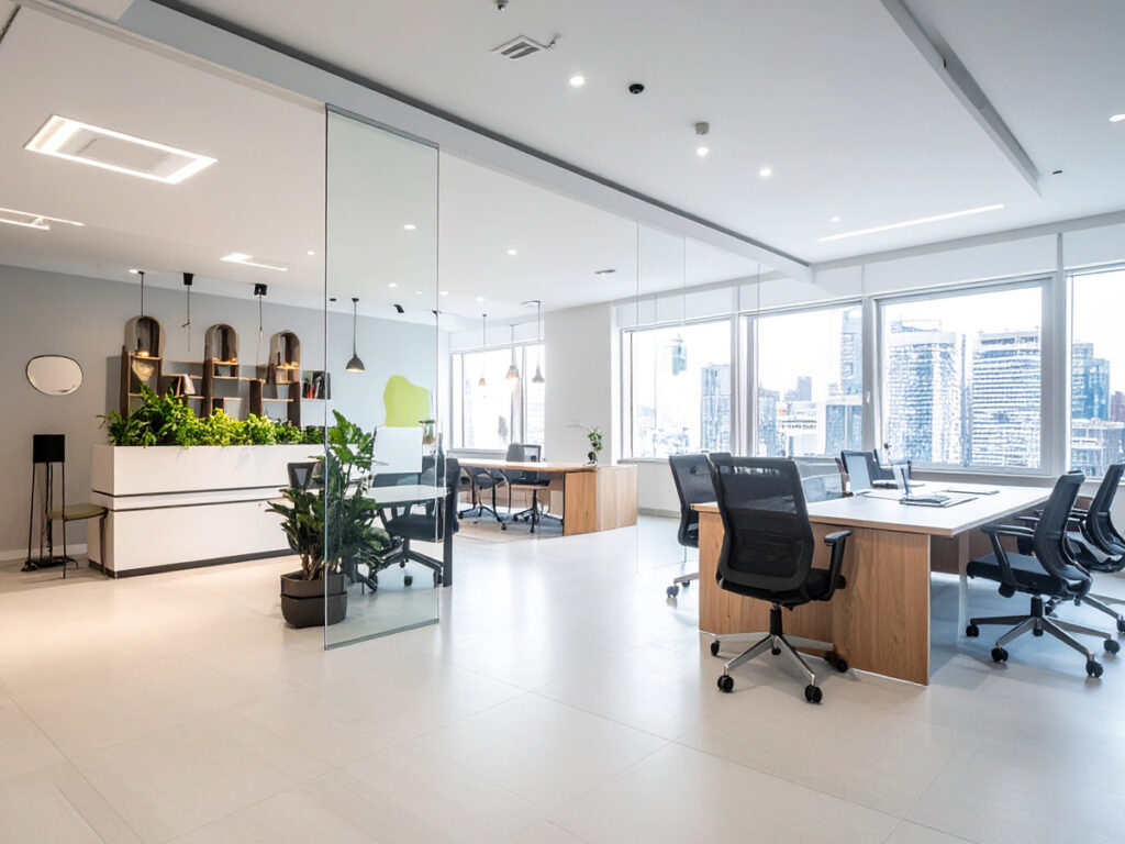 明るいオフィス空間(ワークスペース・観葉植物・会議エリア)