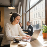 カフェの窓際でヘッドホンを付けたノマドワーカーがMacBookで作業している。フリーマックス5gの利用シーンを想起させる。