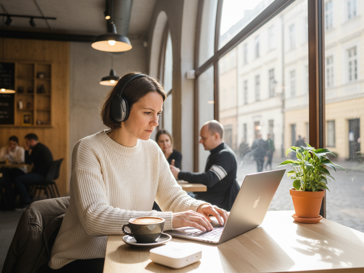 カフェの窓際でヘッドホンを付けたノマドワーカーがMacBookで作業している。フリーマックス5gの利用シーンを想起させる。
