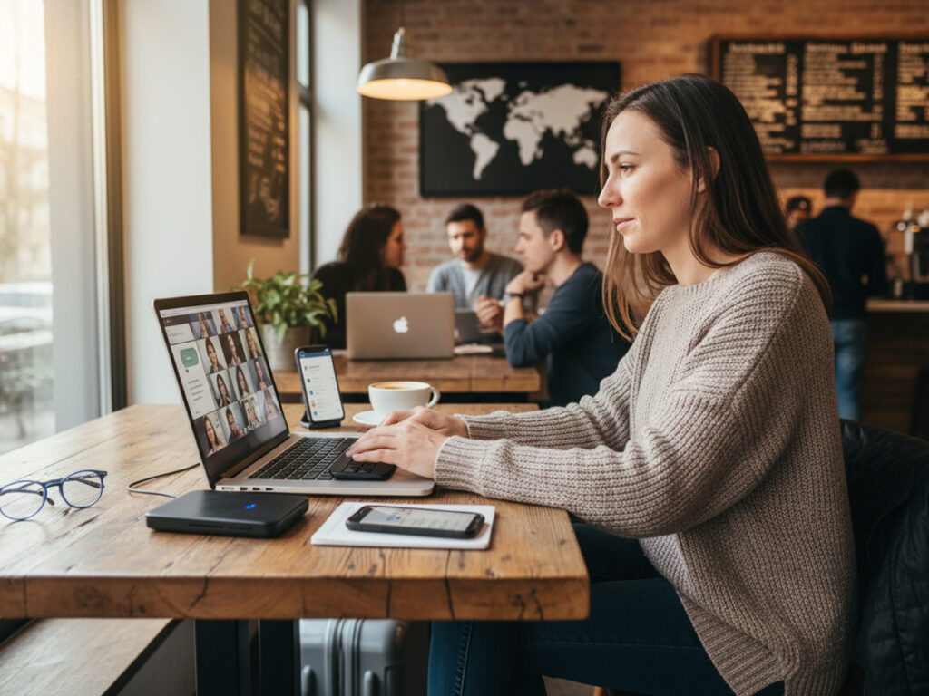 ノマドワーカーがカフェでオンライン会議に参加している。ノートPCにタイル表示、手元にモバイルWi-Fiとスマホ。フリーマックス5gで安定接続しクラウド作業を進める。