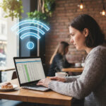 カフェでノートPCを広げて仕事をするノマドワーカーとwifiアイコンのイメージ