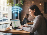 カフェでノートPCを広げて仕事をするノマドワーカーとwifiアイコンのイメージ