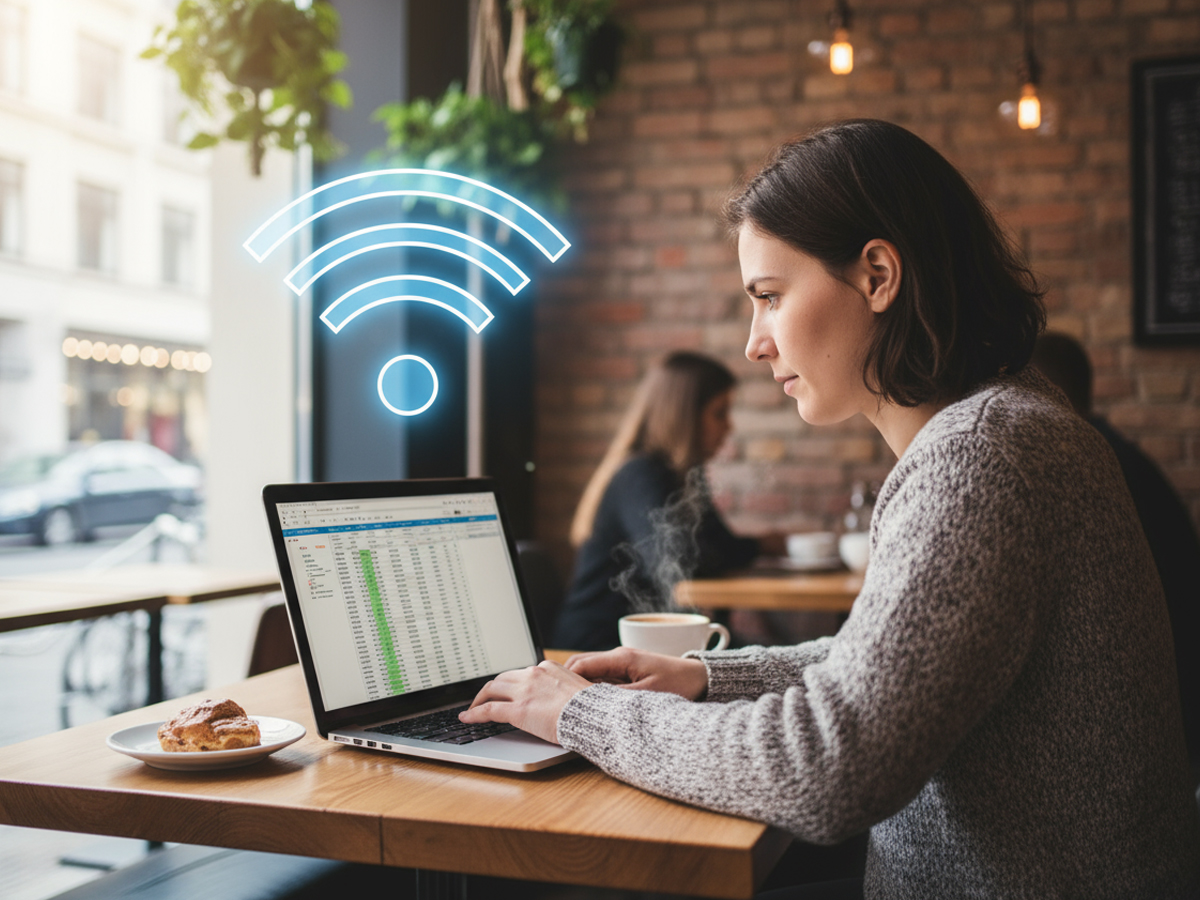 カフェでノートPCを広げて仕事をするノマドワーカーとwifiアイコンのイメージ