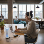 コワーキングスペースでノートPCを開いて作業するノマドワーカーとwifiルーターのイメージ