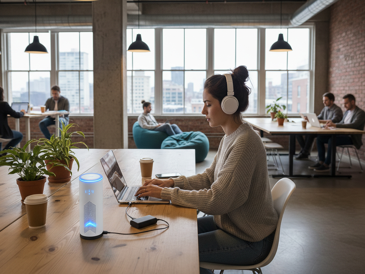 コワーキングスペースでノートPCを開いて作業するノマドワーカーとwifiルーターのイメージ