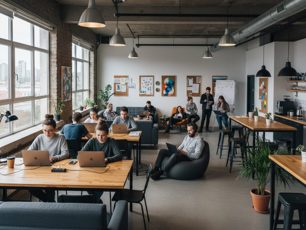 コワーキングスペースで仕事をするノマドワーカーの全景