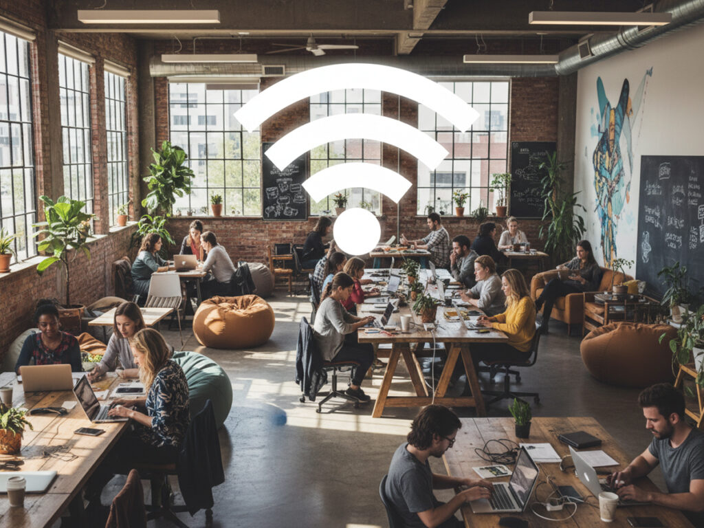 混雑したコワーキングスペースとwifiアイコンのイメージ