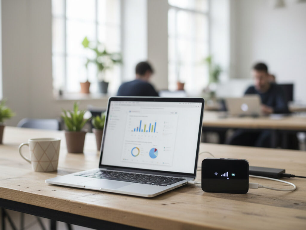 ノートPCとモバイルwifiルーターを並べているデスクのアップ
