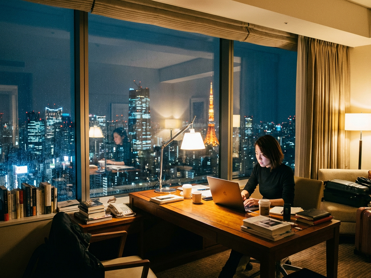 夜景が見えるホテルのデスクでノートPCを開き、集中して仕事をするノマドワーカー