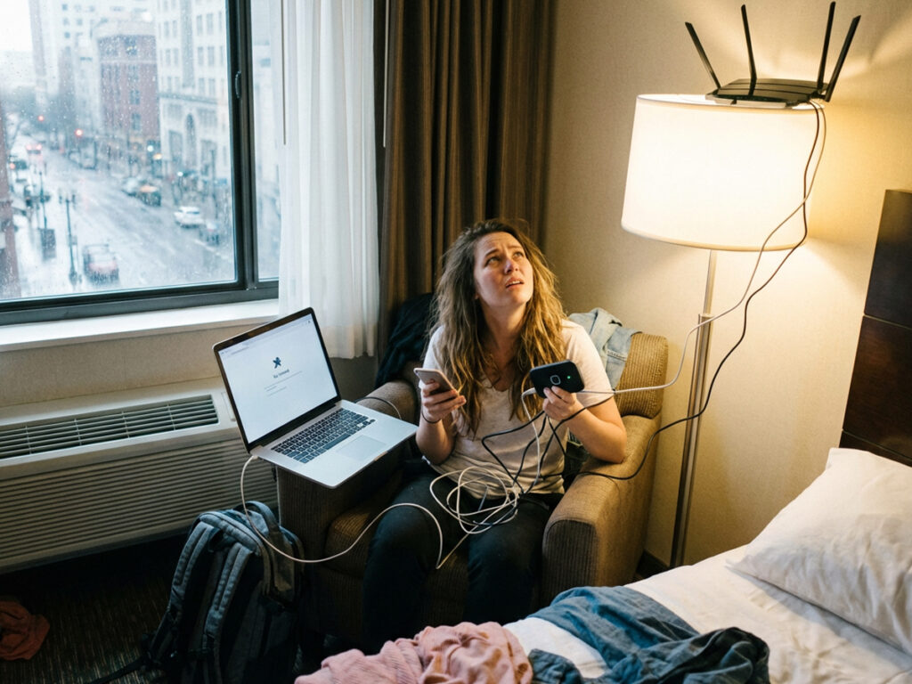 ホテルの部屋でノートPCとスマホ、モバイルwifiルーターを手に持ち、安定した接続環境を整えようとしているノマドワーカー