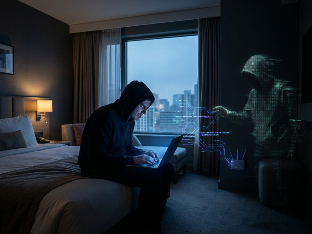 ホテルの部屋でノートPCを操作する人物と、ハッカーのホログラム風イメージで表現されたフリーwifiのセキュリティリスク