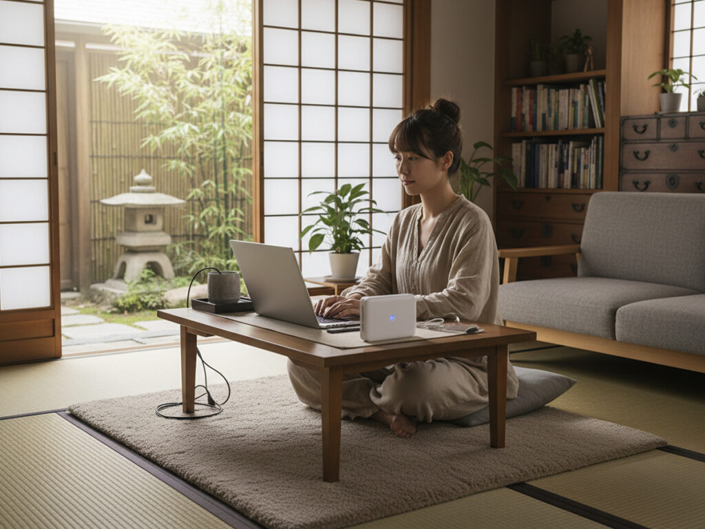 和室の実家でノートPCとwifiルーターを使ってリモートワークするノマドワーカー