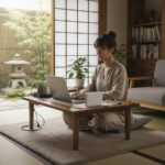 和室の実家でノートPCとwifiルーターを使ってリモートワークするノマドワーカー