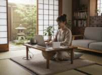 和室の実家でノートPCとwifiルーターを使ってリモートワークするノマドワーカー