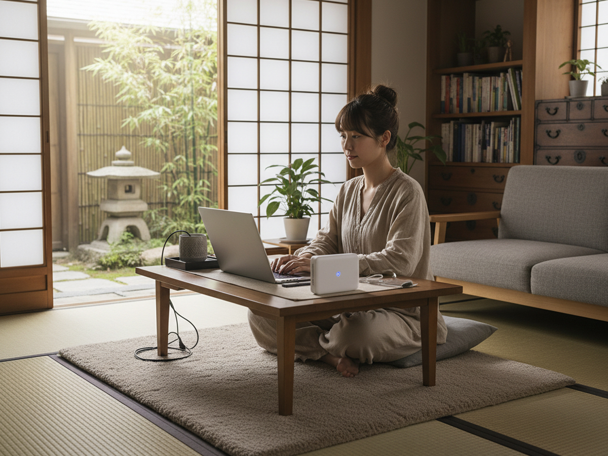 和室の実家でノートPCとwifiルーターを使ってリモートワークするノマドワーカー