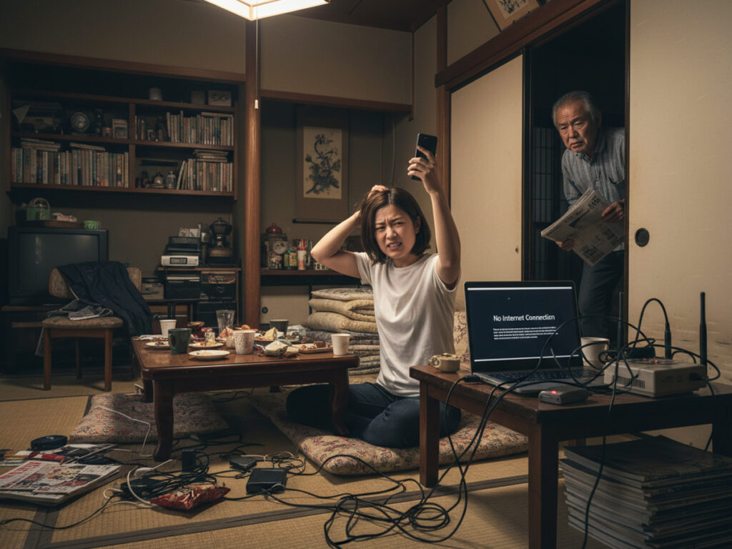 ちゃぶ台の前で「No Internet Connection」に絶望している写真