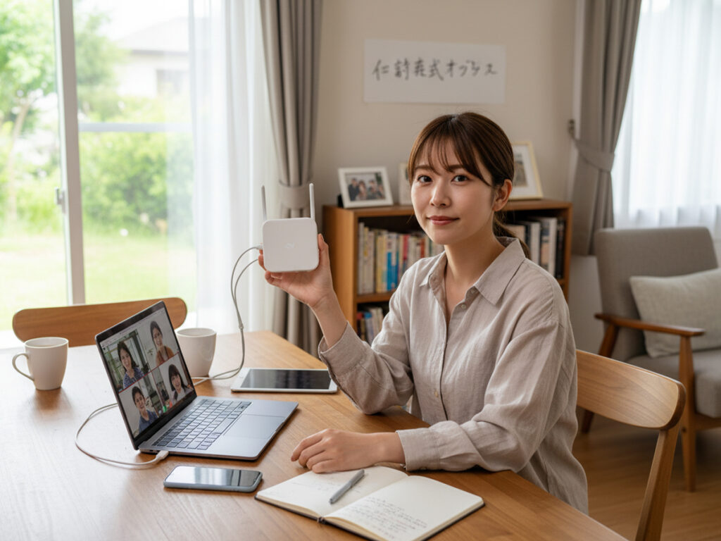 ダイニングでオンライン会議をしながら、モバイルルーターを手に見せる写真