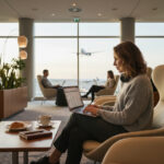 日本行きフライトを待ちながら空港ラウンジでノートPC作業をする海外ノマドワーカー