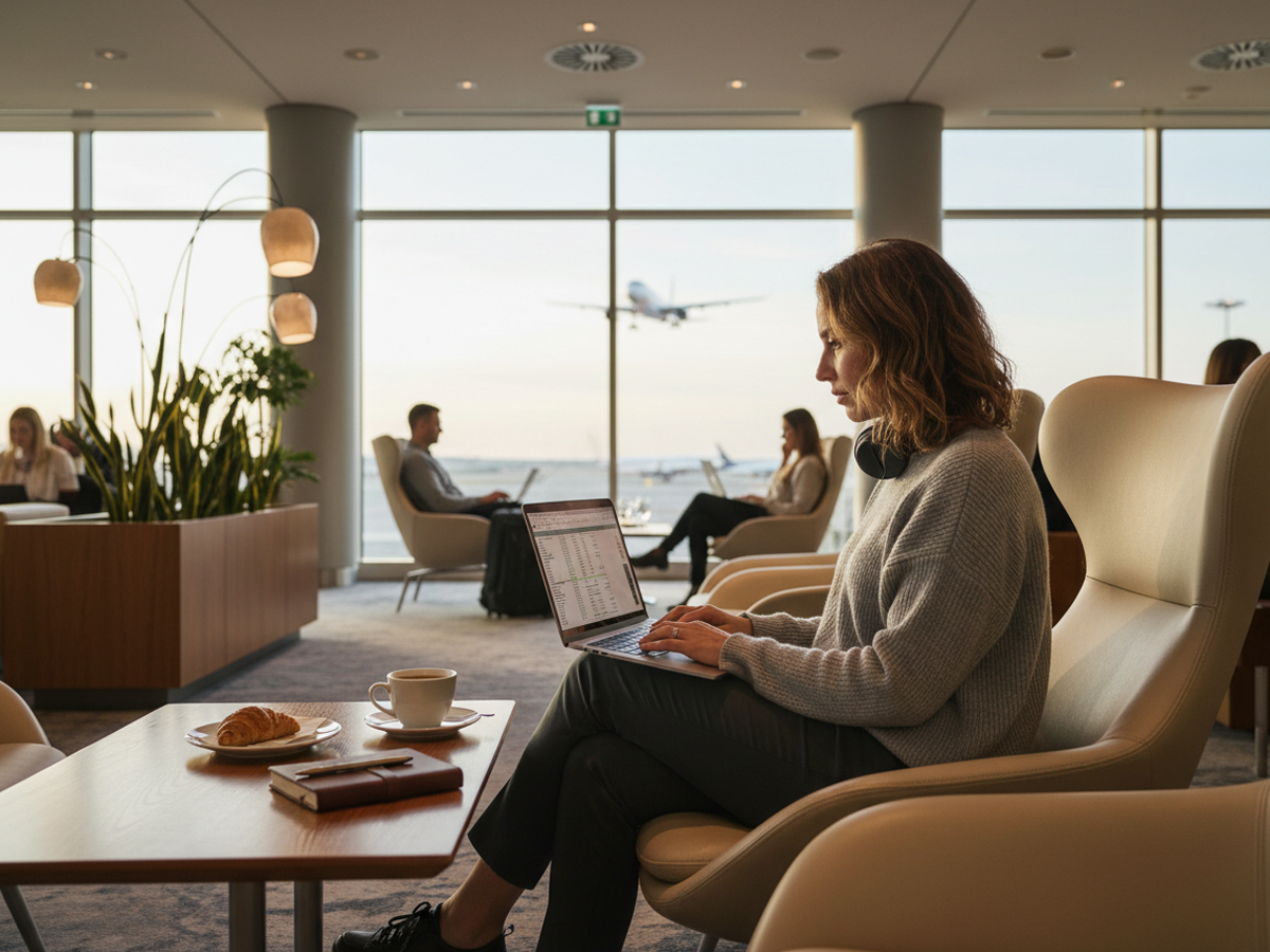 日本行きフライトを待ちながら空港ラウンジでノートPC作業をする海外ノマドワーカー