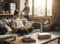 シェアハウスのリビングでノートPC作業をする住人たちの様子