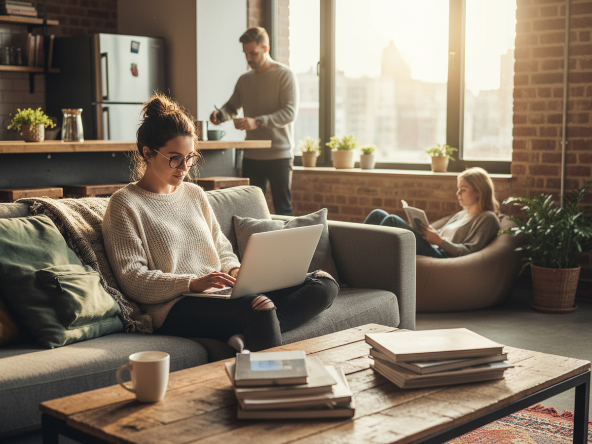 シェアハウスのリビングでノートPC作業をする住人たちの様子