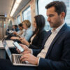 電車内でノートPCとスマホを同時に操作するビジネスパーソン