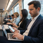 電車内でノートPCとスマホを同時に操作するビジネスパーソン