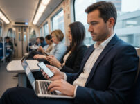 電車内でノートPCとスマホを同時に操作するビジネスパーソン