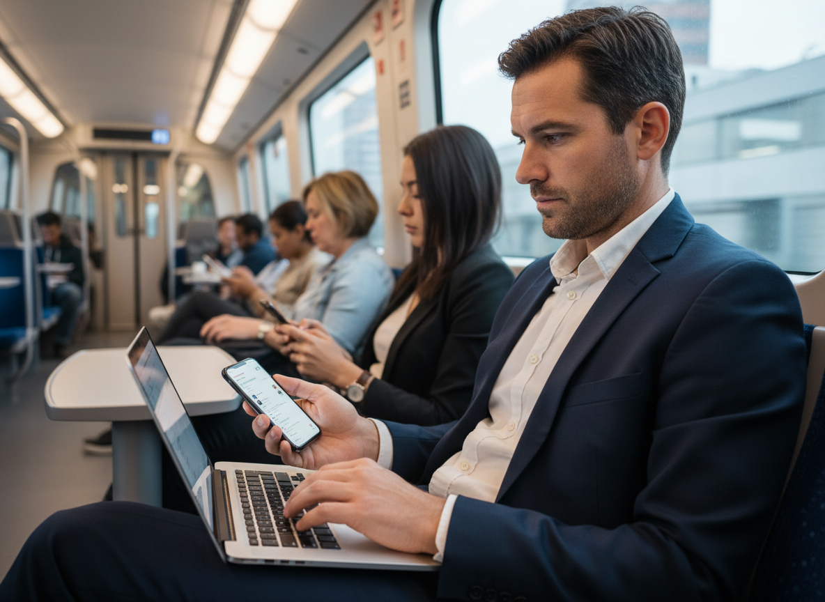 電車内でノートPCとスマホを同時に操作するビジネスパーソン