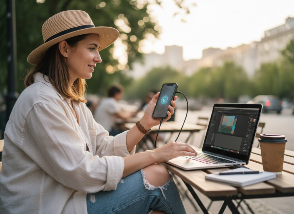 公園のテーブルでスマホからノートPCにテザリングして作業するノマドワーカー