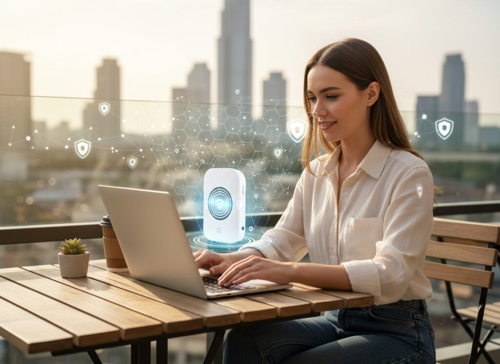 ノートPCの上に置かれた鍵マークと通信アイコンのイラスト