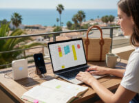 1日のタイムラインとノートPC・スマホ・モバイルルーターを並べたイメージ