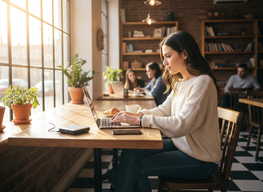 カフェの窓際でノートPCを操作するノマドワーカー