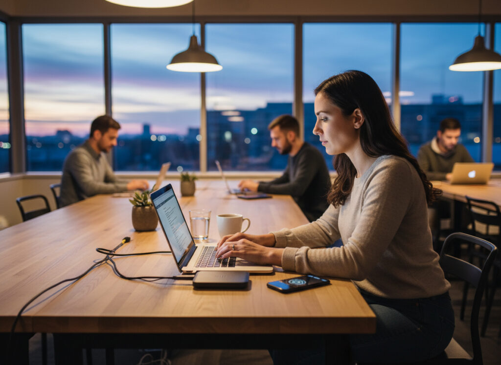 自宅のデスクでPCとモバイルルーターを使いながら働くフリーランス