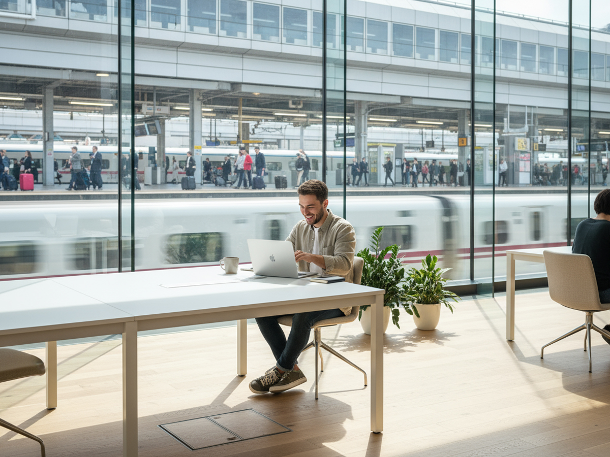 ノマドワーカーが駅直結のサブスク拠点で初めて作業する様子（ワーケーション サブスク 始め方）