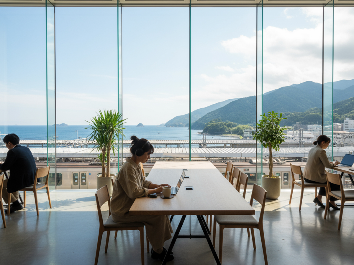 海や山の見える地方都市で、駅直結のサブスク拠点を活用するノマドワーカー（ワーケーション サブスク 地方）