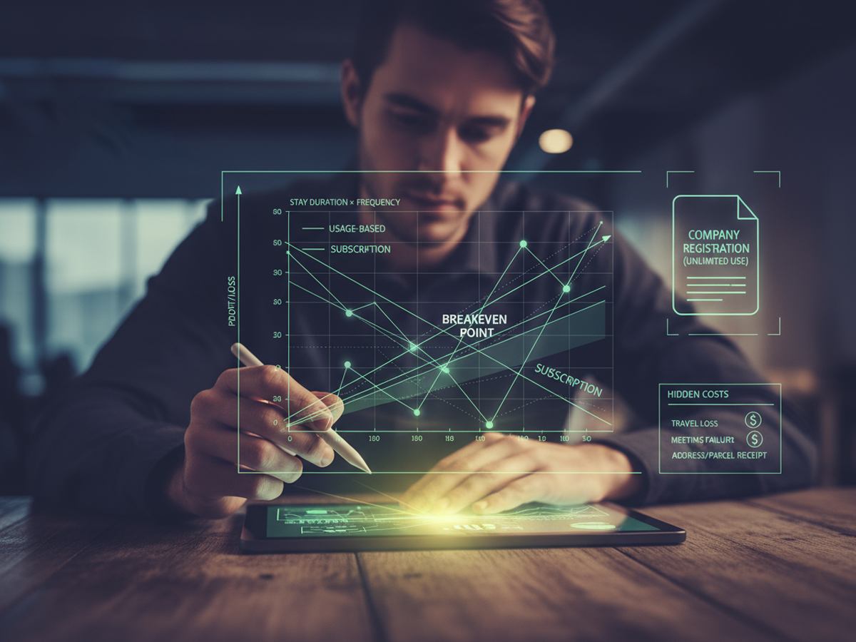 ワーケーション サブスクの損益分岐を示す折れ線グラフ（従量と定額の交点）