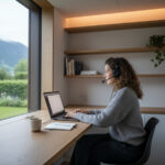 静かな個室でヘッドセットをつけて作業する人（ワーケーション サブスク 集中）