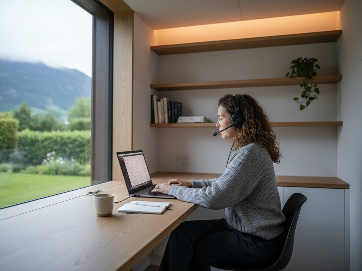 静かな個室でヘッドセットをつけて作業する人（ワーケーション サブスク 集中）