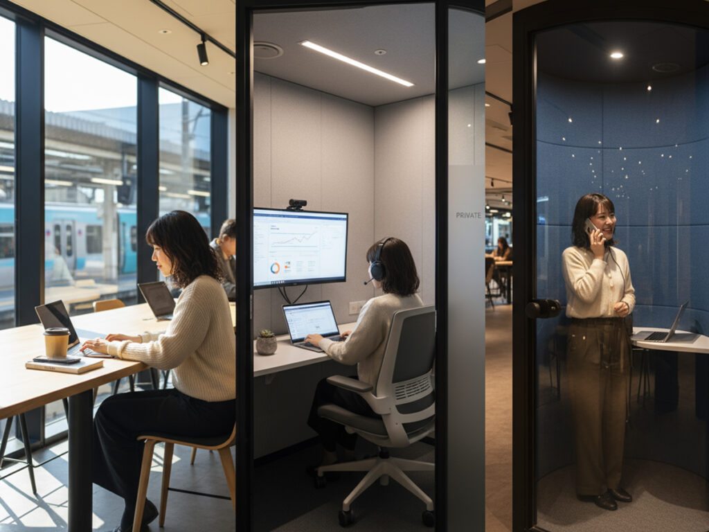 朝はオープン席、昼は個室、夕方は通話ブース(ワーケーション サブスク 集中)