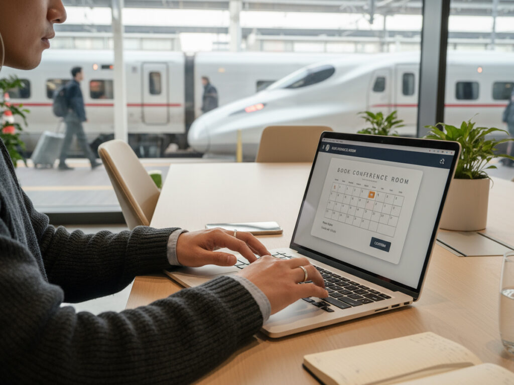 静かな会議室でオンライン会議をする人(ワーケーション サブスク 会議室)