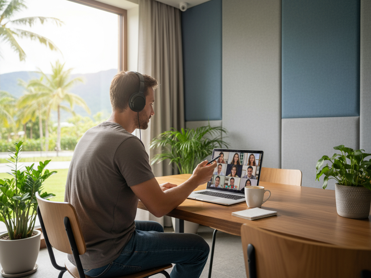 静かな会議室でオンライン会議をする人（ワーケーション サブスク 会議室）