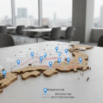 日本地図に主要駅直結のワーケーション拠点ピンが並ぶ様子（ワーケーション サブスク 全国）