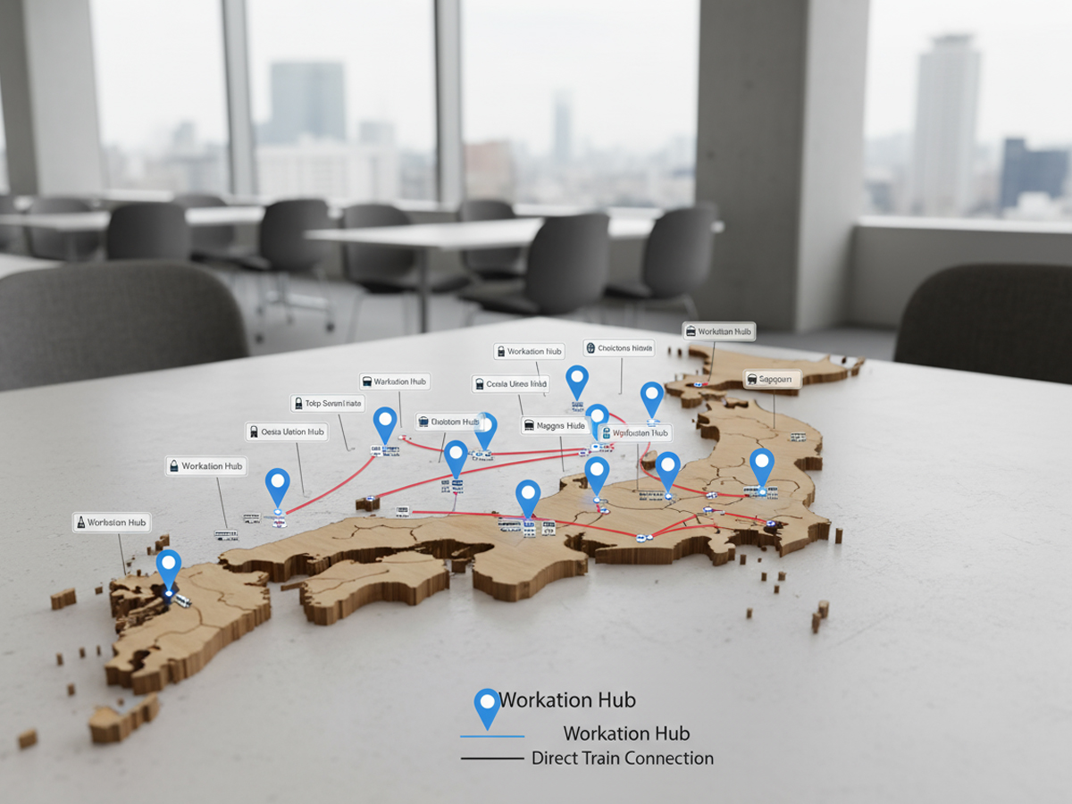 日本地図に主要駅直結のワーケーション拠点ピンが並ぶ様子（ワーケーション サブスク 全国）