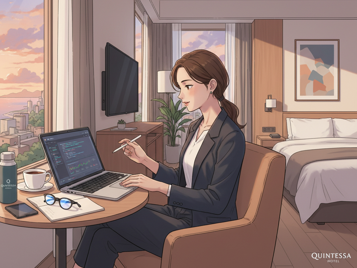 クインテッサホテルでノートPCを開いて仕事をするワーケーションのイメージ