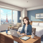 ワーケーションをするビジネスパーソンとリッチモンドホテルの客室イメージ