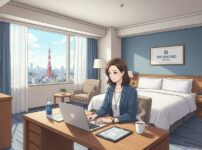 ワーケーションをするビジネスパーソンとリッチモンドホテルの客室イメージ