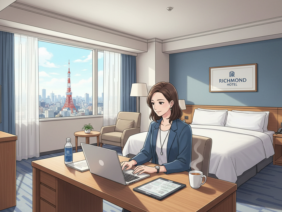 ワーケーションをするビジネスパーソンとリッチモンドホテルの客室イメージ