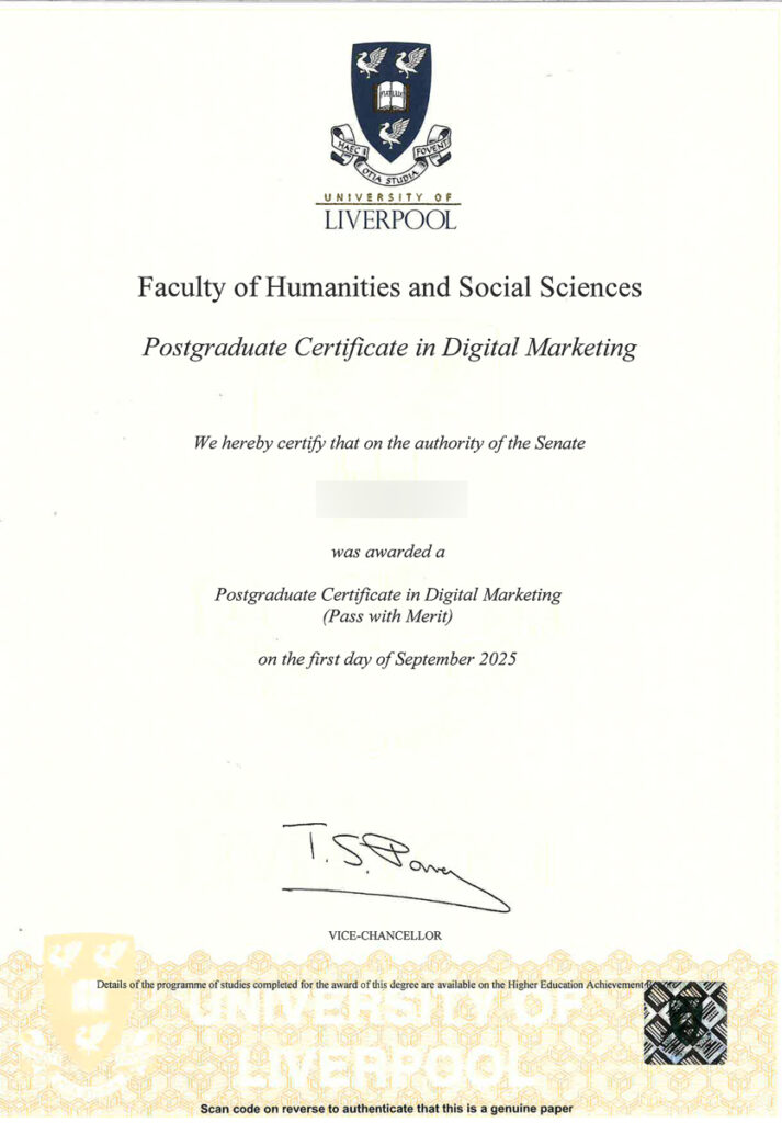University of Liverpool Digital Marketing 修了証